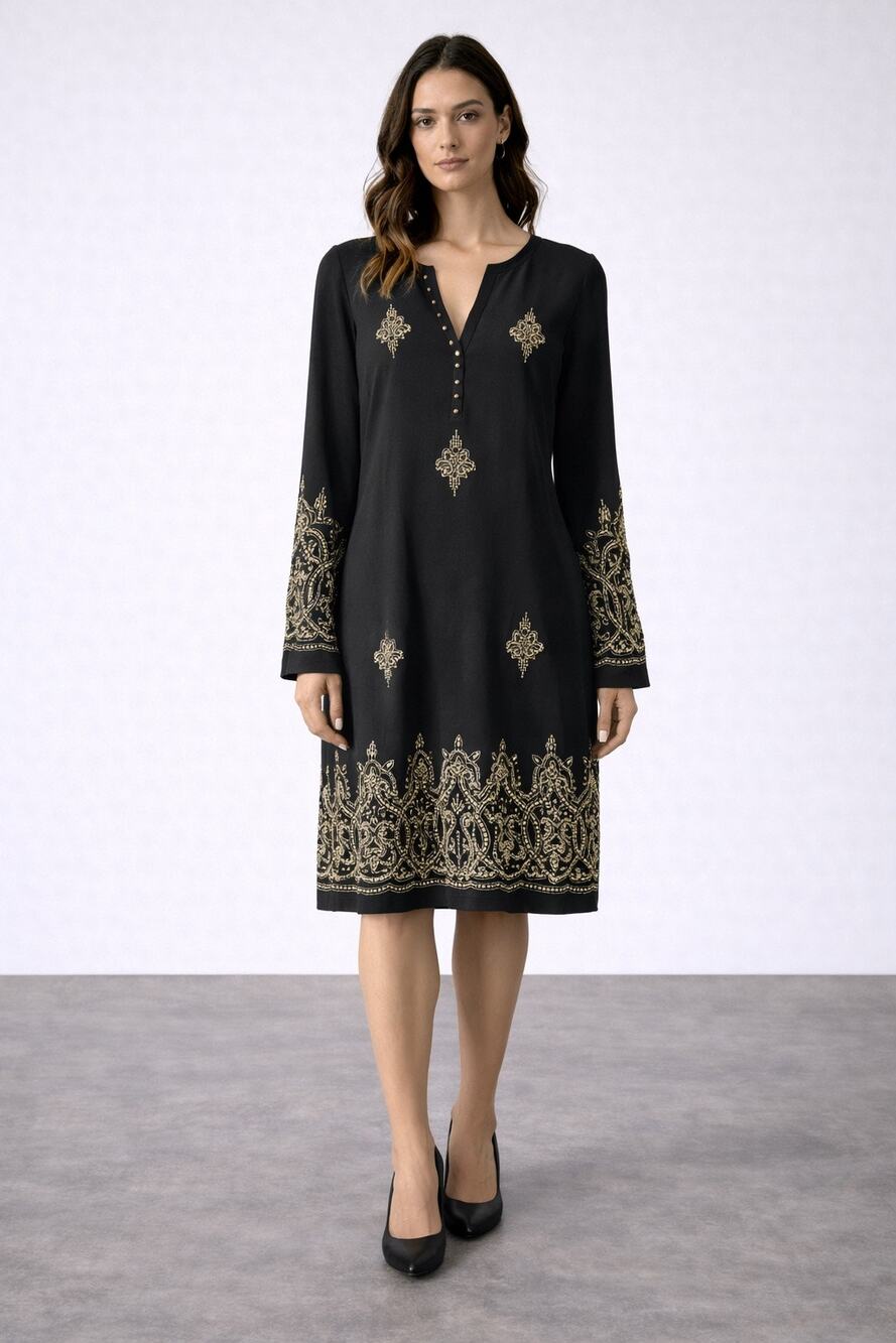 Yoana Baraschi Blue Black Embellished Beaded Tunic Dress Size 12